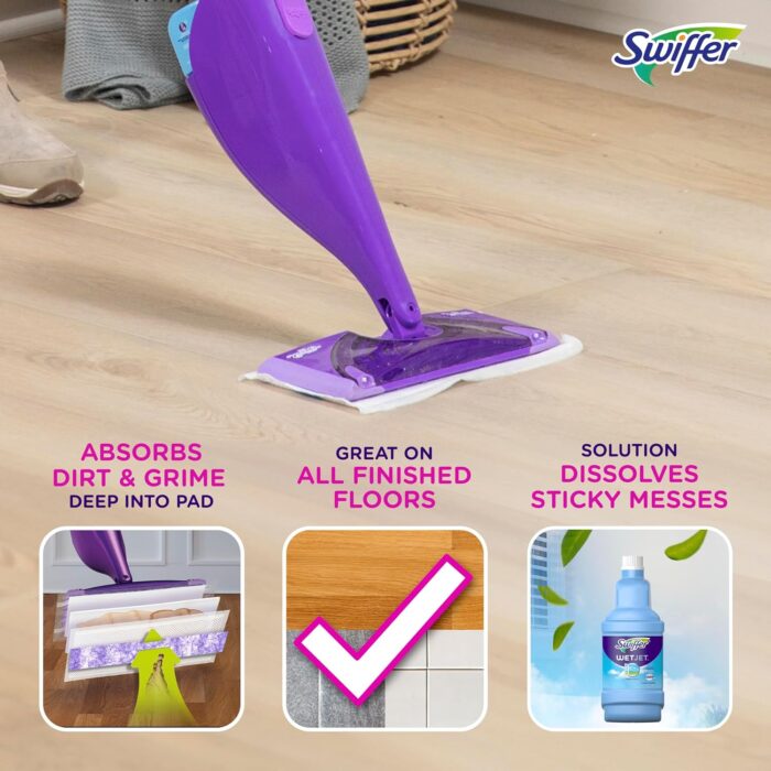 Swiffer WetJet Hardwood and Floor Spray Mop Cleaner Starter Kit, Includes: 1 Power Mop, 10 Pads, Cleaning Solution, Batteries, 16 Piece Set, Purple - Image 2