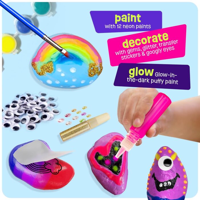 Kids Rock Painting Kit - Glow in The Dark - Arts & Crafts Easter Gifts for Boys and Girls Ages 4-12 - Craft Activities Kits - Creative Art Toys for 4, 5, 6, 7, 8, 9, 10, 11 & 12 Year Old Kids - Image 6