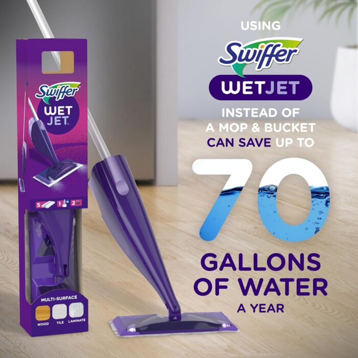 Swiffer WetJet Hardwood and Floor Spray Mop Cleaner Starter Kit, Includes: 1 Power Mop, 10 Pads, Cleaning Solution, Batteries, 16 Piece Set, Purple - Image 7