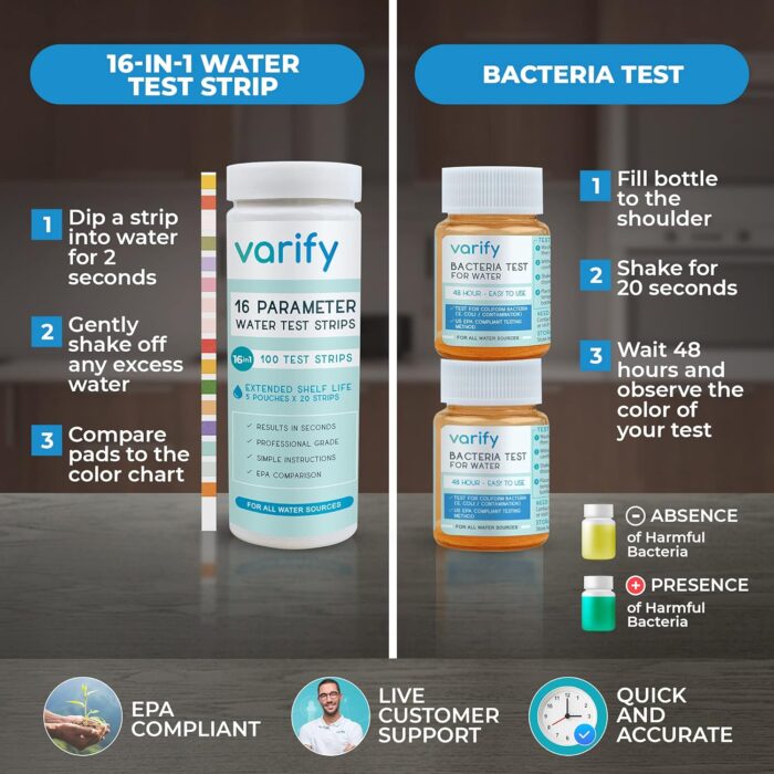 Varify 17 in 1 Complete Drinking Water Test Kit - 100 Strips + 2 Bacteria Tester Kits - Well, Tap, Home, City Water Testing Strip for Lead, Alkaline, Chlorine, Hardness, Iron, Fluoride, Copper & More - Image 4