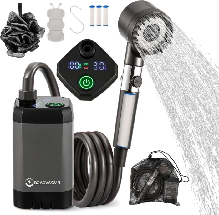 Upgrade Portable Camping Shower, 6000mAh Rechargeable Electric Shower Pump with Intelligent Digital Display Multiple Spray Modes Filtered Shower Head with Handheld for Outdoor Hiking, Travel