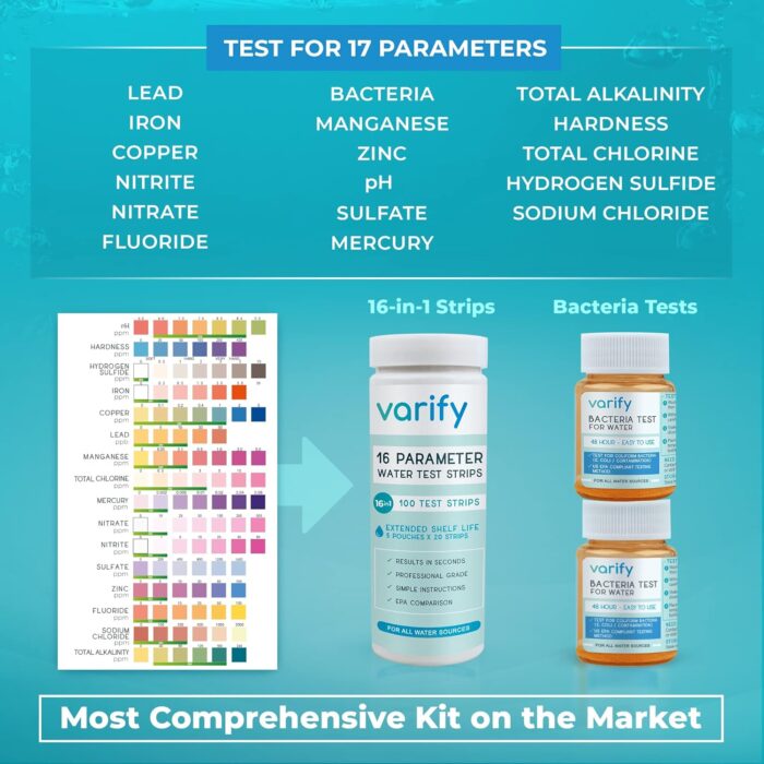 Varify 17 in 1 Complete Drinking Water Test Kit - 100 Strips + 2 Bacteria Tester Kits - Well, Tap, Home, City Water Testing Strip for Lead, Alkaline, Chlorine, Hardness, Iron, Fluoride, Copper & More - Image 3