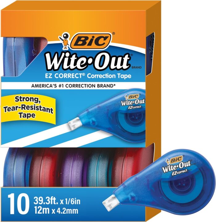 BIC Wite-Out Brand EZ Correct Correction Tape (WOTAP10- WHI), 39.3 Feet, 10-Count Pack of white Correction Tape, Fast, Clean and Easy to Use Tear-Resistant Tape