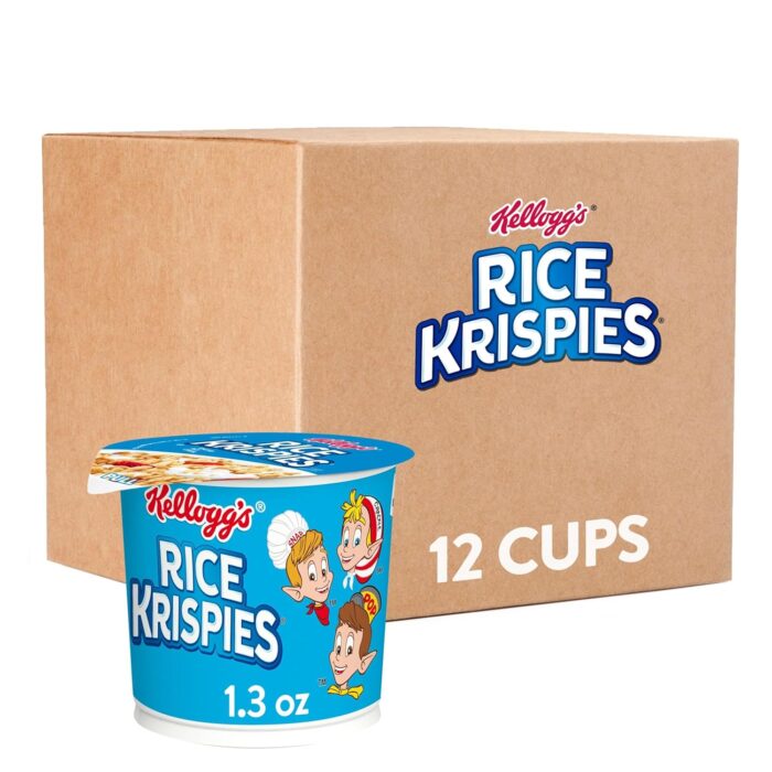 Kellogg's Rice Krispies Breakfast Cereal Cups, Kids Snacks, Cereal Cup to Go, Original, 15.6oz Case (12 Cups)