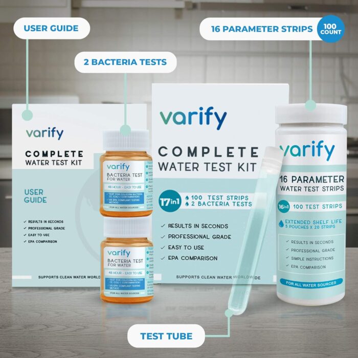 Varify 17 in 1 Complete Drinking Water Test Kit - 100 Strips + 2 Bacteria Tester Kits - Well, Tap, Home, City Water Testing Strip for Lead, Alkaline, Chlorine, Hardness, Iron, Fluoride, Copper & More - Image 2