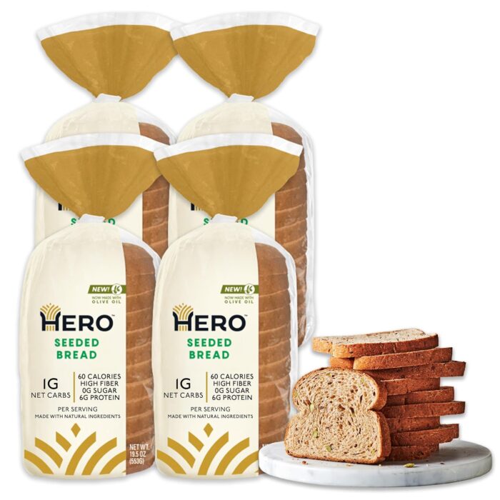 Hero Seeded Bread — Delicious Bread with 1g Net Carb, 0g Sugar, 60 Calories, 12g Fiber per Slice | Tastes Like Regular Bread | Low Carb & Keto Friendly Bread Loaf — 15 Slices/Loaf, 4 Loaves