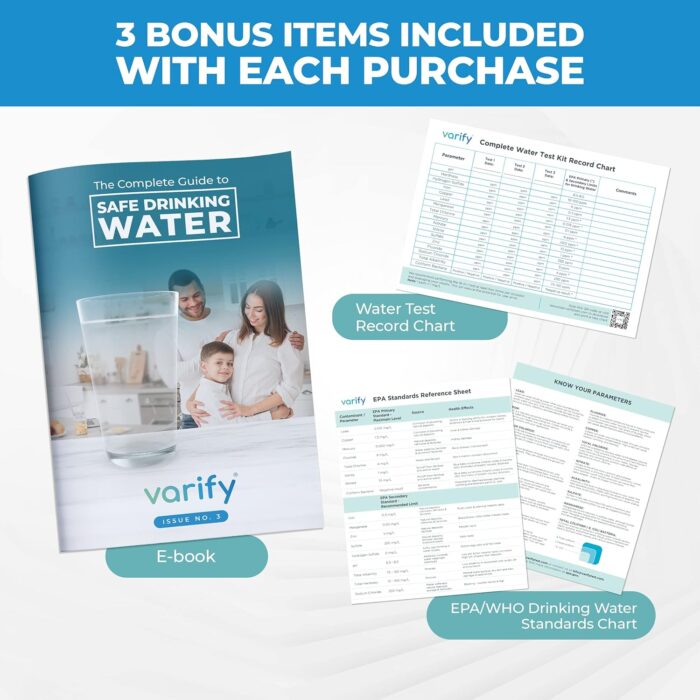 Varify 17 in 1 Complete Drinking Water Test Kit - 100 Strips + 2 Bacteria Tester Kits - Well, Tap, Home, City Water Testing Strip for Lead, Alkaline, Chlorine, Hardness, Iron, Fluoride, Copper & More - Image 6