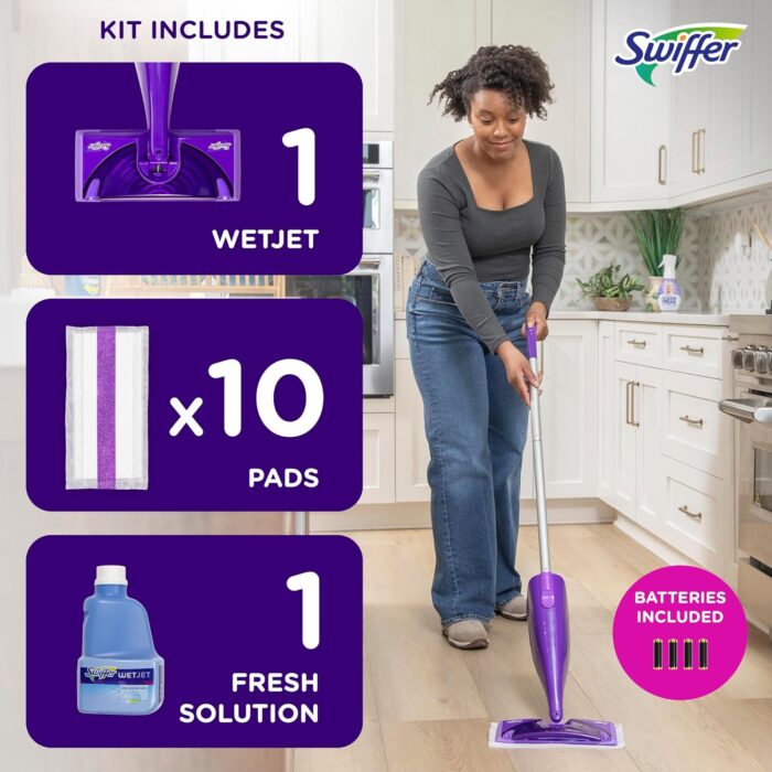 Swiffer WetJet Hardwood and Floor Spray Mop Cleaner Starter Kit, Includes: 1 Power Mop, 10 Pads, Cleaning Solution, Batteries, 16 Piece Set, Purple - Image 6