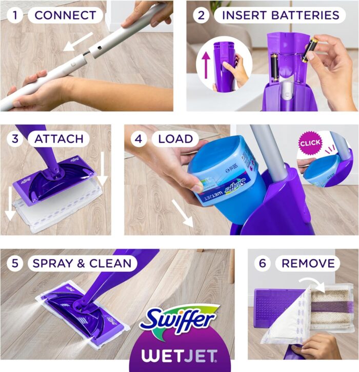 Swiffer WetJet Hardwood and Floor Spray Mop Cleaner Starter Kit, Includes: 1 Power Mop, 10 Pads, Cleaning Solution, Batteries, 16 Piece Set, Purple - Image 8