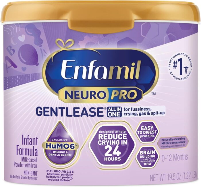 Enfamil NeuroPro Gentlease Baby Formula, Brain Building DHA, HuMO6 Immune Blend, Designed to Reduce Fussiness, Crying, Gas & Spit-up in 24 Hrs, Gentle Infant Formula Powder, Baby Milk, 19.5 Oz Tub