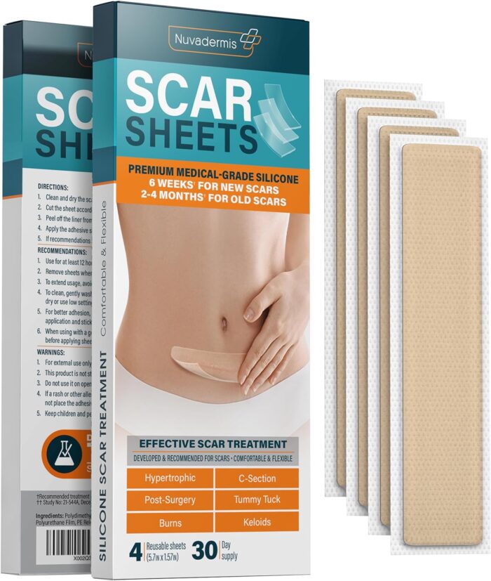 NUVADERMIS Silicone Scar Sheets - Extra Long Scar Sheets for C-Section, Tummy Tuck, Keloid, and Surgical Scars - Reusable Medical Grade Silicone Scar Sheets - Pack of 4 - Light Tone