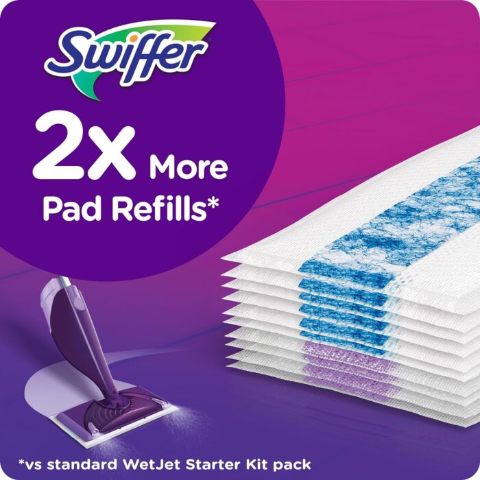 Swiffer WetJet Hardwood and Floor Spray Mop Cleaner Starter Kit, Includes: 1 Power Mop, 10 Pads, Cleaning Solution, Batteries, 16 Piece Set, Purple - Image 5