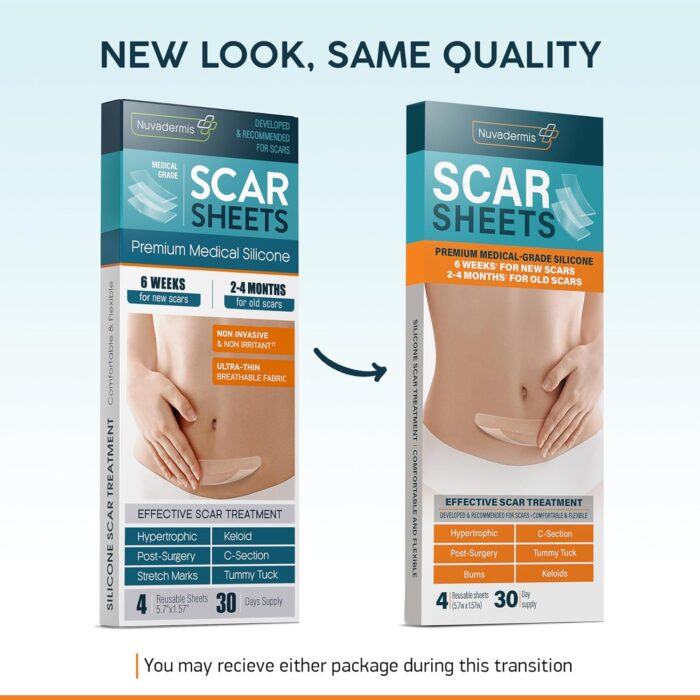 NUVADERMIS Silicone Scar Sheets - Extra Long Scar Sheets for C-Section, Tummy Tuck, Keloid, and Surgical Scars - Reusable Medical Grade Silicone Scar Sheets - Pack of 4 - Light Tone - Image 2