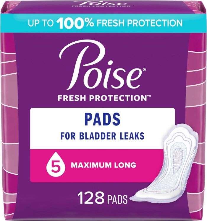 Poise Incontinence Pads & Postpartum Incontinence Pads, 5 Drop Maximum Absorbency, Long Length, 128 Count (2 Packs of 64), Packaging May Vary