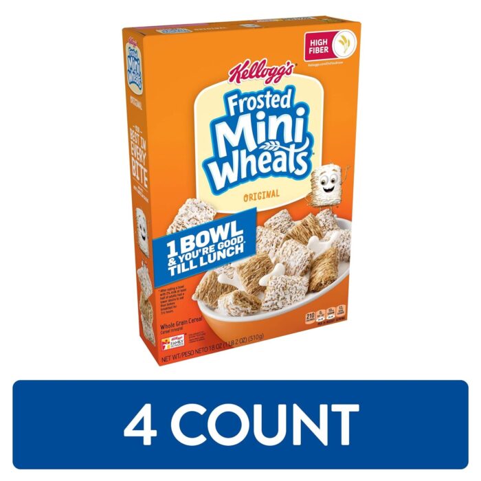 Kellogg's Frosted Mini-Wheats Cold Breakfast Cereal, Whole Grain, High Fiber Cereal, Kids Snacks, Original (4 Boxes) - Image 2