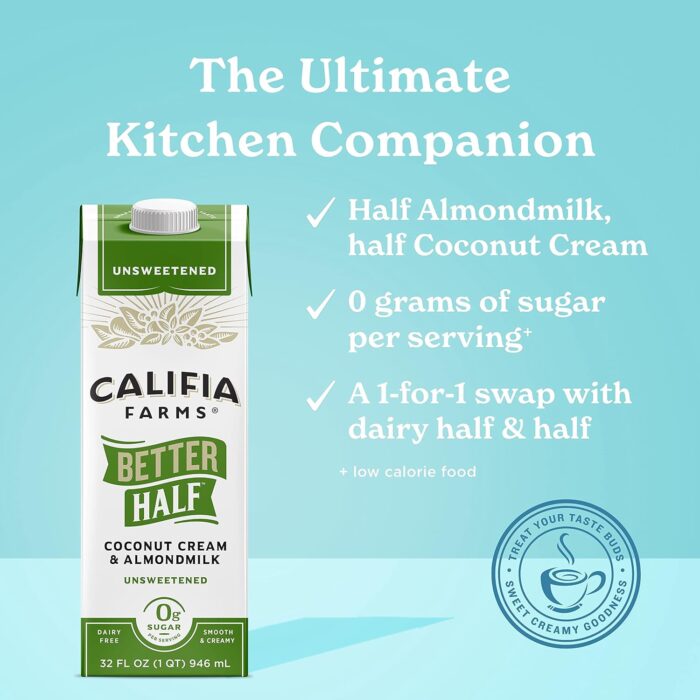 Califia Farms - Unsweetened Better Half, Half and Half Substitute, 32 Oz (Pack of 6), Almond Milk, Coconut Cream, Coffee Creamer, Keto, Shelf Stable, Dairy Free, Plant Based, Vegan - Image 3