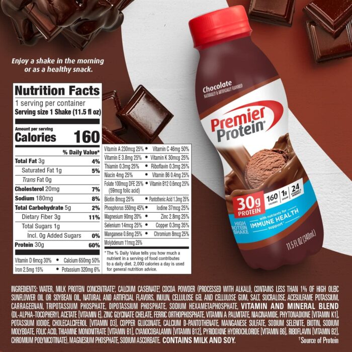 Premier Protein Shake, Chocolate, 30g Protein 1g Sugar 24 Vitamins Minerals Nutrients to Support Immune Health, 11.50 fl oz (Pack of 12) - Image 5