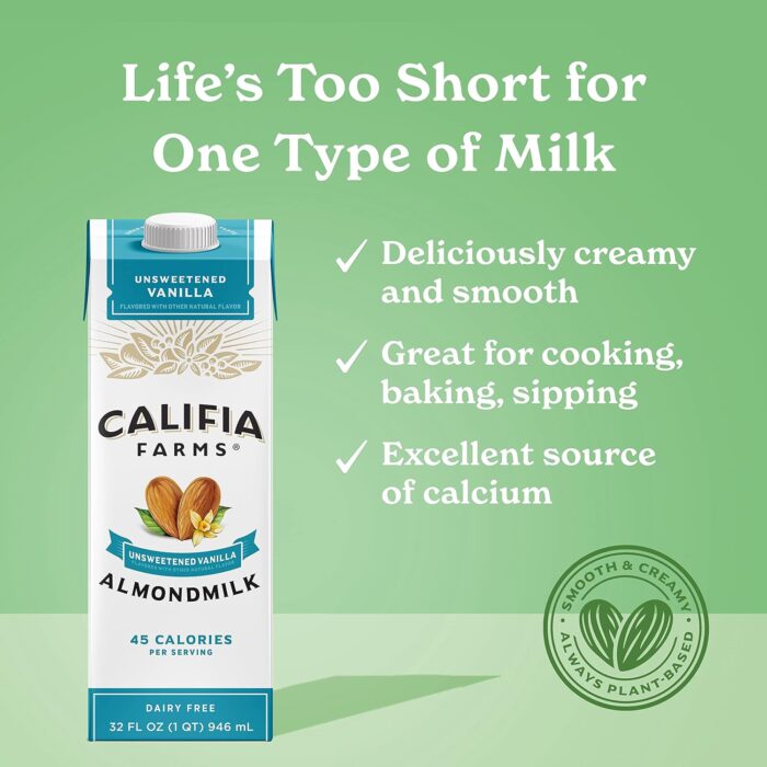 Califia Farms - Unsweetened Vanilla Almond Milk, 32 Oz (Pack of 6), Dairy Free, Vegan, Plant Based, Keto, Shelf Stable, Vegan, Gluten Free, Non GMO, Sugar Free, High Calcium, Smoothie - Image 4