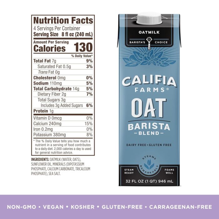 Califia Farms - Oat Barista Blend Oat Milk, 32 Oz (Pack of 6), Shelf Stable, Dairy Free, Plant Based, Vegan, Gluten Free, Non GMO, High Calcium, Milk Frother, Creamer, Oatmilk - Image 5