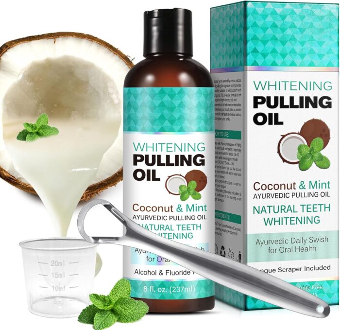 Coconut Pulling Oil, (8 Fl.Oz) Mint Oil Pulling Mouthwash with Tongue Scraper, Natural Coconut Oil Pulling with Coconut & Peppermint Oil-Mouthwash, Fresh Breath & Teeth Whitening & Healthy Gums(1p)