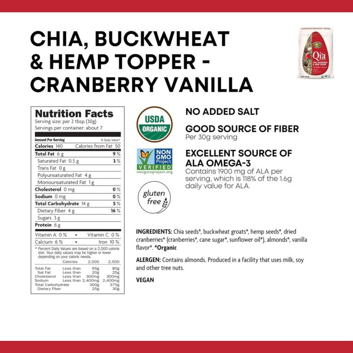 Nature's Path Qi'a Superfood Organic Gluten Free Cranberry Vanilla Chia,Buckwheat and Hemp Cereal Topper,7.9 Ounce,Non-GMO,6g Plant Based Protein,1.9 grams of ALA Omega-3s,by Nature's Path - Image 5