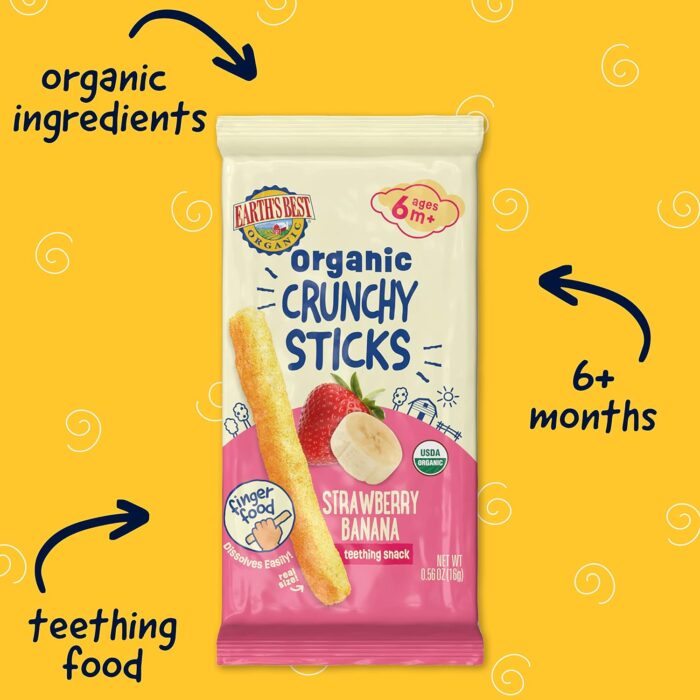 Earth's Best Organic Baby Food, Dissolvable Teething Snack for Babies 6 Months and Older, Strawberry Banana Crunchy Sticks, .56 oz Pack (Pack of 5) - Image 2