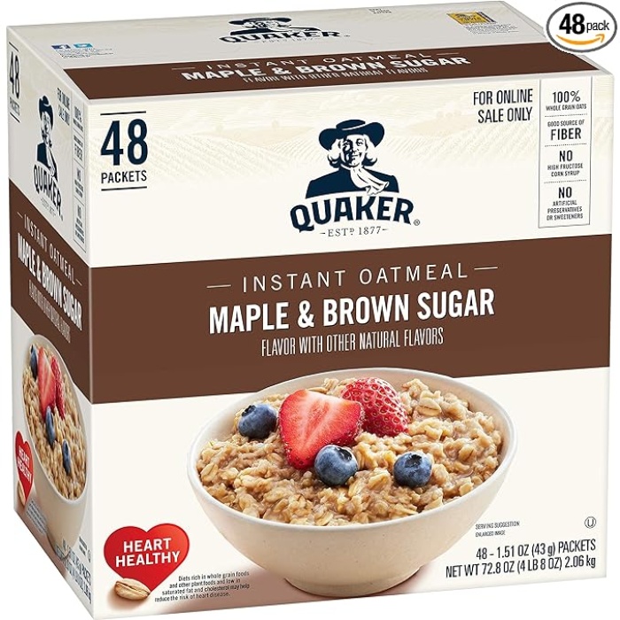 Quaker Instant Oatmeal, Maple & Brown Sugar, Individual Packets, 1.51 Ounce (Pack of 48)