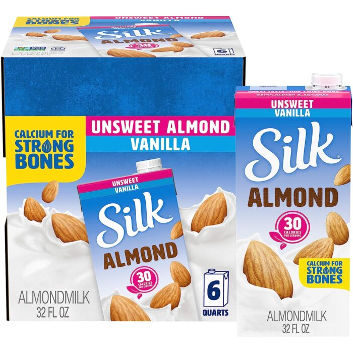 Silk Shelf-Stable Almond Milk, Unsweetened Vanilla, Dairy-Free, Vegan, Non-GMO Project Verified, 1 Quart (Pack of 6)