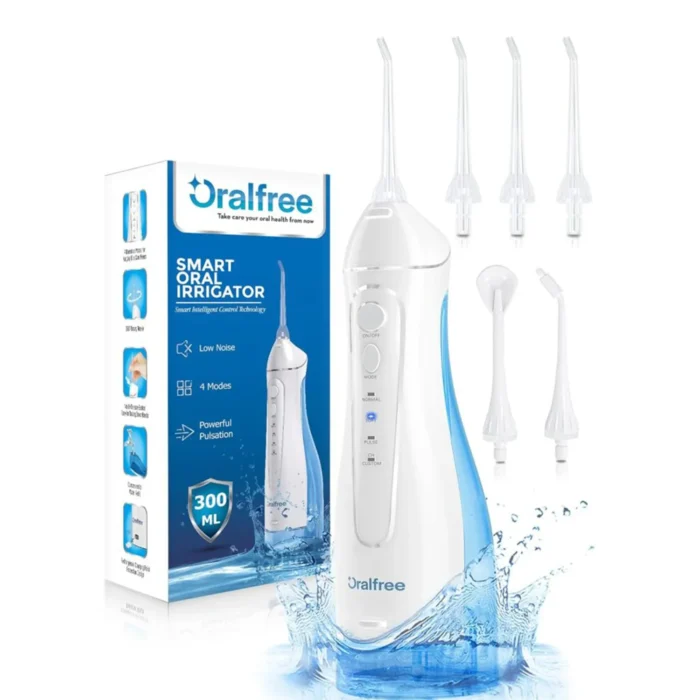 Oralfree Water Dental Flosser Cordless for Teeth Cleaning - 4 Modes Oral Irrigator 300ML Braces Flossers Cleaner, Rechargeable Portable IPX7 Waterproof Powerful Battery for Travel Home