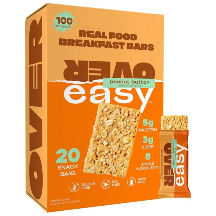 Over Easy Mini Granola Breakfast Bars - Best Protein for Morning Energy - 100 Calories Healthy Snacks - Soft and Chewy - Gluten Free, Dairy Free, Soy Free and Kosher (Peanut Butter, 20 Count)